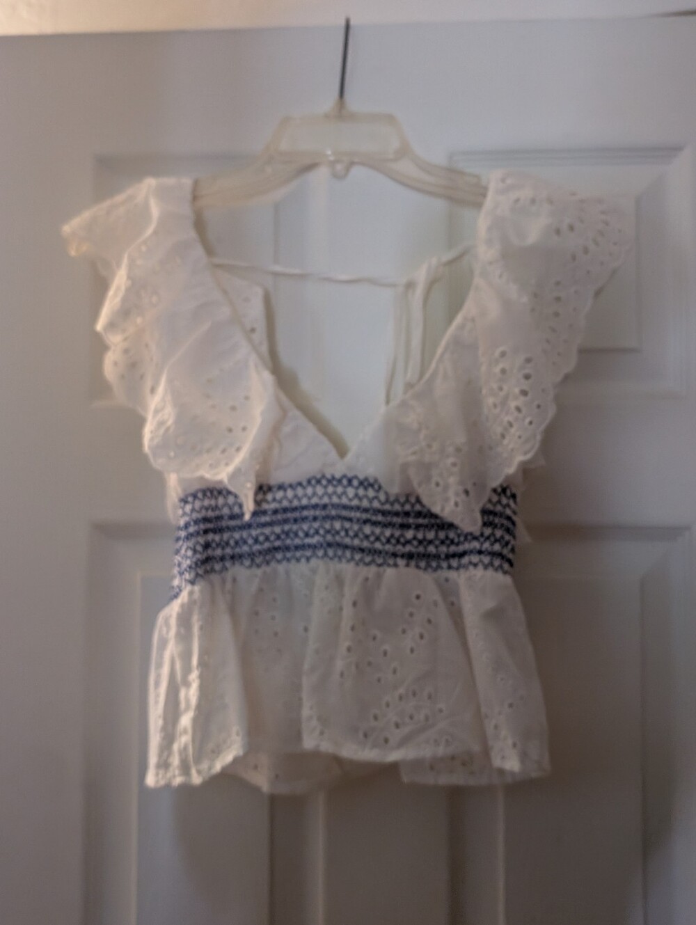 SHEIN White Eyelet Peplum Top with Blue Smocked Waist